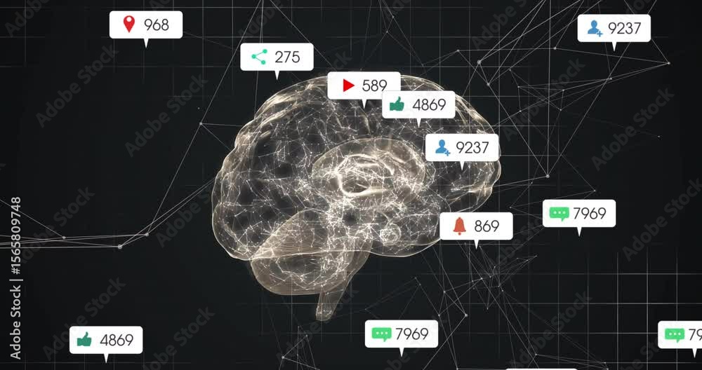 Poster Grid animating rotating wireframe brain showing callouts updating and visualizing network data