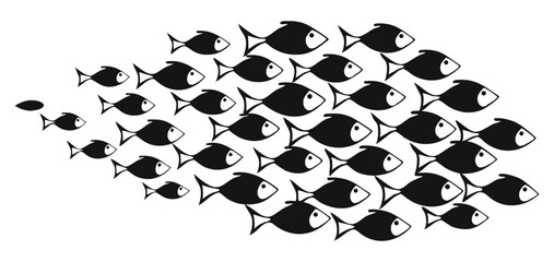 A black and white illustration of numerous fish silhouetted in a tightly packed school formation, with a few smaller fish leading the way, symbolizing unity, movement, and collective intelligence.