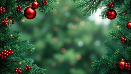 copy space for text background Christmas Green Pine Forest with Red Ornaments concept