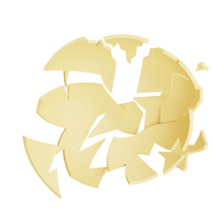 3D illustration of a broken yellow bowl in scattered pieces on white background, symbolizing damage, fragility, and kitchen accidents.