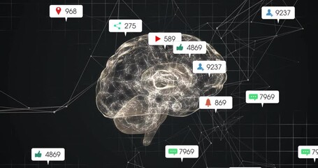 Grid animating rotating wireframe brain showing callouts updating and visualizing network data - Powered by Adobe