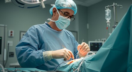 Focused surgeon performs delicate surgery in a sterile operating room, showcasing precision and expertise.