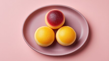 Colorful Dessert Trio on a Soft Pink Plate, Featuring Three Unique Flavors in Creative Presentation, Ideal for Food Photography, Menus, and Culinary Inspiration