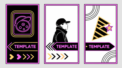3 different Modern Neon Video Template for Social Media with Text Area and Face Placeholder in 9:16 Format