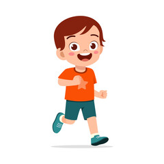 Happy Caucasian Boy Running and Smiling Wearing Orange Star Shirt and Blue Shorts Cartoon Illustration