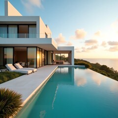 Fototapeta premium luxury hotel swimming pool at sunset