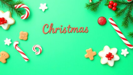 copy space for text background Christmas Candy and Cookies Flat Lay concept