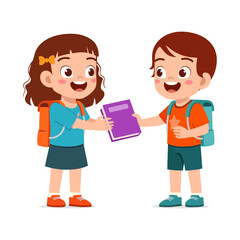 Cartoon Children Exchanging a Book with Smiling Expressions and School Backpacks in Illustration