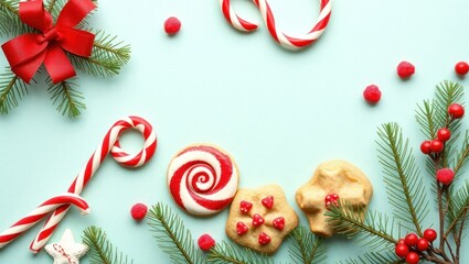 copy space for text background Christmas Candy and Cookies Flat Lay concept