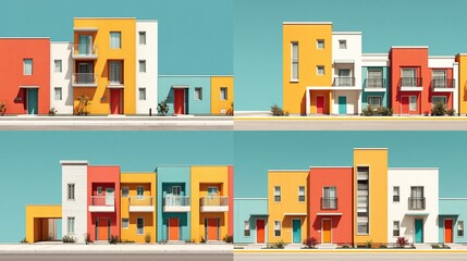 Vibrant multi-unit dwellings with bold color palettes and modern architectural designs, situated on a sunny street