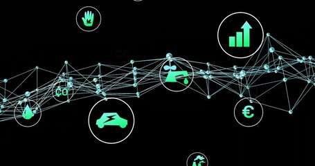 Opening frame showing turquoise mesh undulating icons migrating along lines showing energy metrics - Powered by Adobe