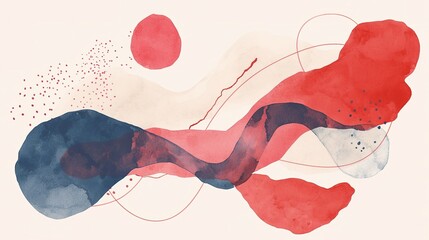 Abstract watercolor background, red and blue shapes, pastel pink and white tones, minimalist design, hand drawn digital art with pastel color palette, high resolution, no text or objects.