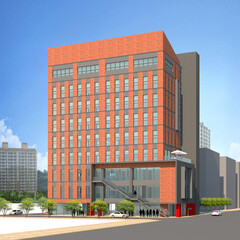 modern office building in chicago, 3D rendering of a modern brick office building in the city