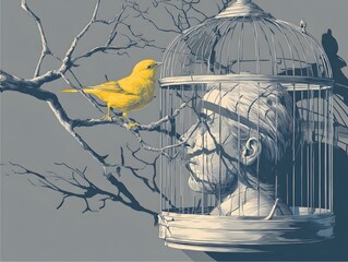 Chained Minds: An Artistic Depiction: A profound artwork showing a head contained in a cage, while a bird sits on a branch nearby, illustrating themes of entrapment, freedom, and the human experience.