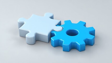 Obraz premium 3D Render of a Blue Gear and Light Blue Puzzle Piece on a Smooth Gray Surface, Representing Collaboration, Problem-Solving, and Innovation Concepts in Business and Technology