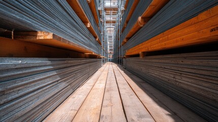 Perspective View of Metal Beams and Wooden Planks in Storage Area of Construction Site with Industrial Equipment and Structures in Background