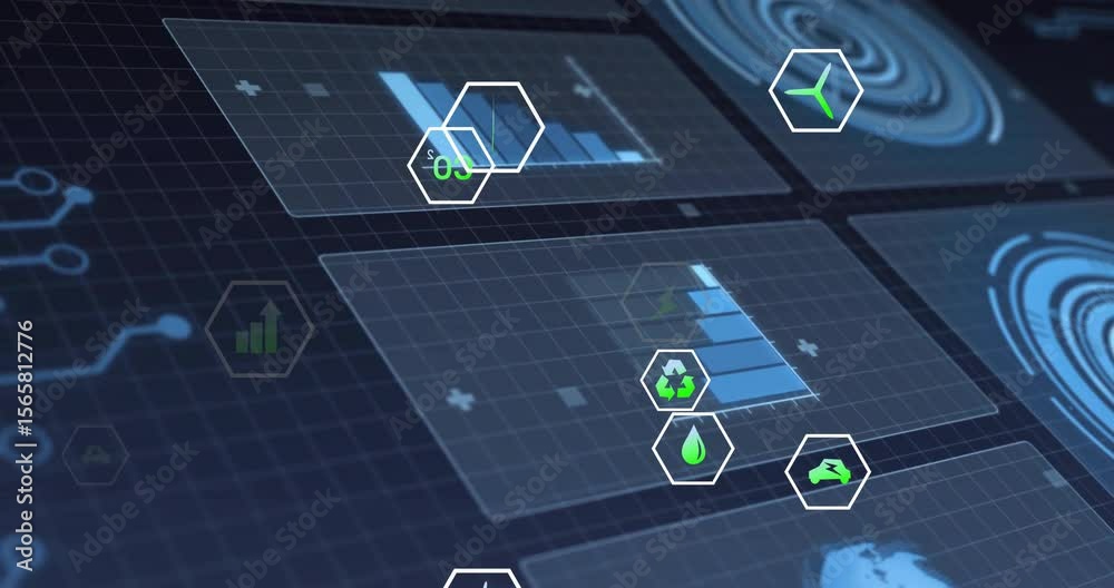 Aufkleber on startup hex icons fading in and floating above panels while bars filling visualizing metrics