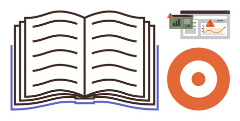 Open book with visualized data charts, warning marks, and a red circular target. Ideal for learning, analytics, research, education, data study goal setting and conceptual thinking. Simple flat