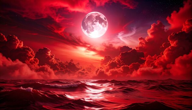 真っ赤に染まる月夜と波打つ雲
