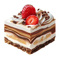 Delicious layered dessert with chocolate, cream, and fresh strawberries, perfect for any sweet tooth.