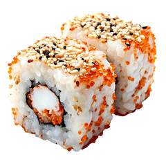 Delicious sushi rolls topped with sesame seeds and fish roe, perfect for a sushi lover's feast.