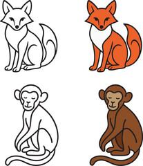 Kid Coloring Book Animals, Fox, Monkey, Vector Flat Illustration, Line Art