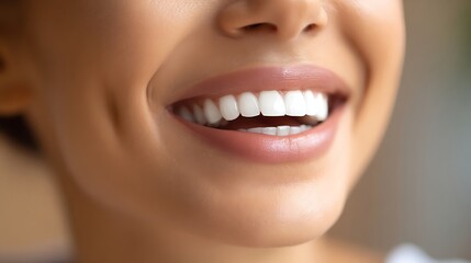 Obraz premium Close-up of a bright, healthy smile with white teeth and pink lips. Highlighting Aesthetic Medicine, Orthodontics, and Cosmetic Dentistry for Dental Clinics and Oral Health Product Marketing.
