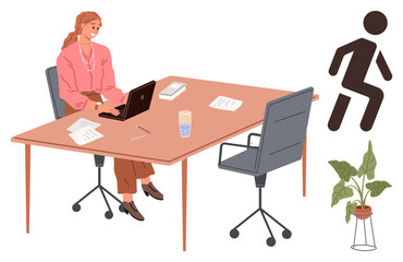 Fototapeta premium Woman typing on laptop at desk with office papers, empty seat and glass. Running figure suggests urgency. Indoor plant adds decor. Ideal for work-life balance, productivity, urgency, focus