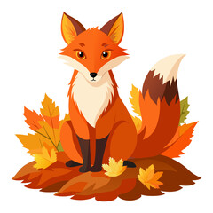 Obraz premium A charming illustration of a red fox sitting gracefully amidst a pile of vibrant autumn leaves, embodying the spirit of fall.