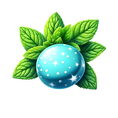 Shiny Blue Sphere With Sparkles Surrounded by Fresh Mint Leaves Isolated on Transparent Background