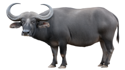 Water buffalo isolated on transparent background with detailed fur and large curved horn