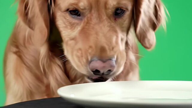 Golden Retriever Licking a Ceramic Plate Isolated on Green Background High Angle View