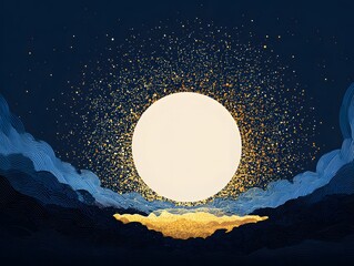 Obraz premium Celestial Symphony: A dreamy moon glows brightly amidst a sea of fluffy clouds and a sprinkle of stars, radiating peace and magic.