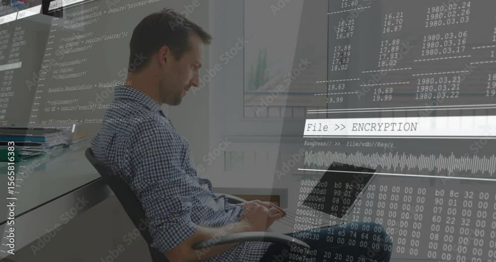 Poster software developer typing on laptop triggers transparent encryption code overlays for securing data