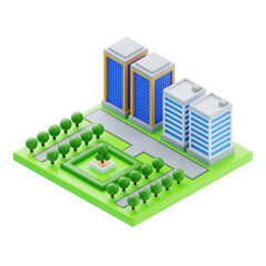 Isometric towers with green landscape. 3d illustration of towers with green landscape