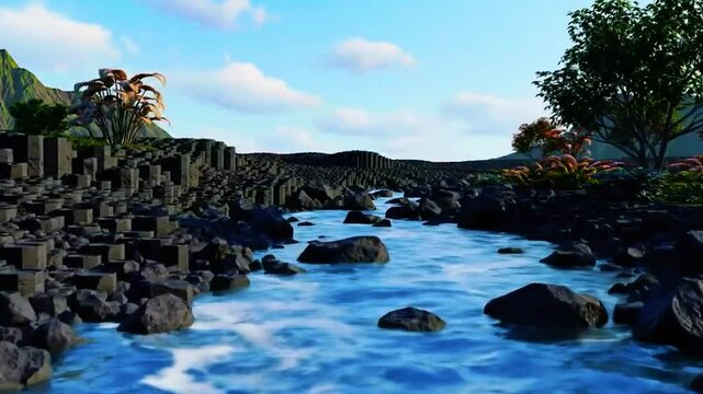 Sungai lereng gunung vulkanik, batu hitam basalt, air mengalir lambat, awan tipis di langit, Realistis, 3D look (cinematic), Statis (kamera diam), Smooth (gerakan tidak tersendat), 4K resolusi, Loopab