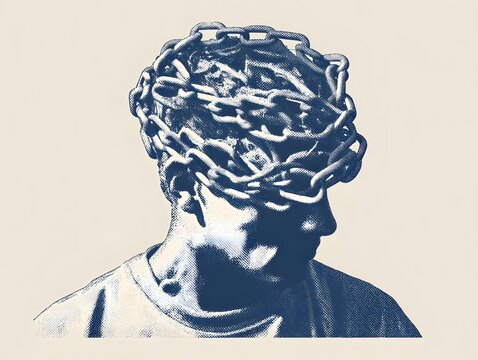 Imprisoned Thoughts: An artistic representation of a person's head encircled by heavy chains, symbolizing mental constraints, captivity, and the struggle for liberation.