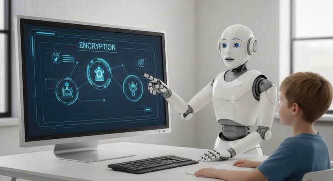 AI-Human Collaboration in Cyber Education: A futuristic scene unfolds as a child interacts with an AI-powered robot, immersed in the intricacies of digital security.
