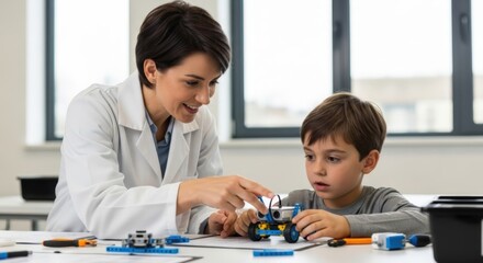 Collaboration in the Lab: A mentor guides a young, eager learner, fostering exploration and the joys of discovery in a modern educational setting, showcasing knowledge.