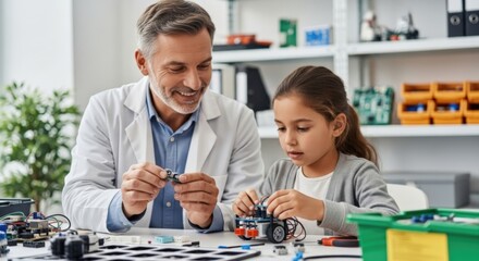 Father-Daughter Robotics Learning: A heartwarming scene unfolds as a dedicated father guides his daughter in the exciting world of robotics.