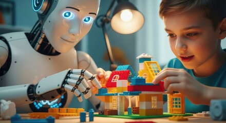 Digital Harmony: An AI companion and a young child building together, creating a future vision of learning, innovation, and friendship, focusing on the seamless blend of technology and childhood.