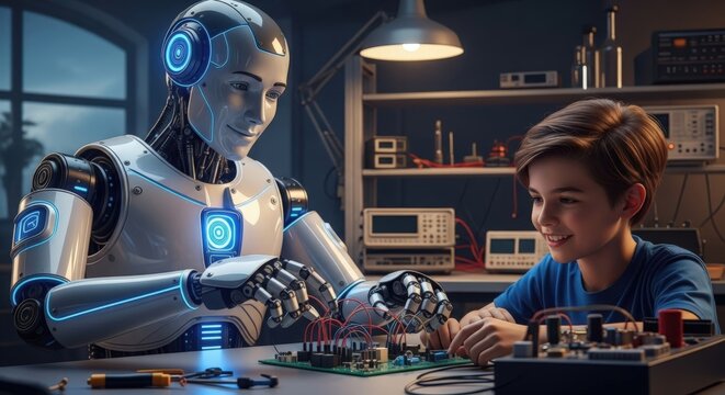 Robotic Tutor: A young person, with an artificial intelligent robot, working together at an electric circuit in a laboratory. The robot is meticulously assisting a person.