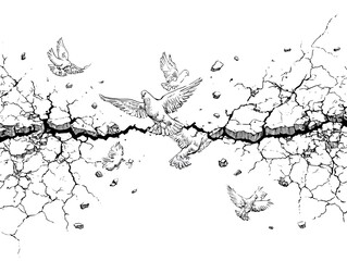 Obraz premium A symbol of hope : Artistic illustration depicts a fractured surface, crossed by a line with doves taking flight, which depicts a theme of freedom.