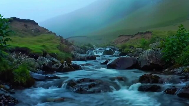 Sungai di lereng bukit hijau, air melewati batu besar, kabut tebal bergerak perlahan di atas lembah, Realistis, 3D look (cinematic), Statis (kamera diam), Smooth (gerakan tidak tersendat), 4K resolusi