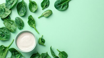 Obraz premium Fresh green spinach leaves and a bowl of ranch sauce, pastel backgrounds, colorful backgrounds and copy space, perfect for menu design or advertising.