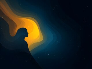 Contemplation in Cosmos: A silhouette of a figure against a cosmic backdrop, evokes a sense of introspection, wonder, and boundless exploration within a visually stunning illustration.