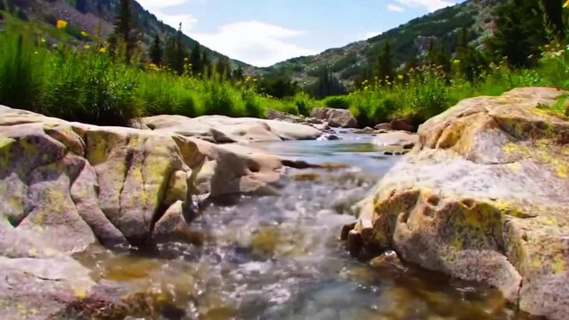 Sungai hi&shy;dalang pegunungan rendah (env temperate), aliran menenun di celah batu, refleksi langit, Realistis, 3D look (cinematic), Statis (kamera diam), Smooth (gerakan tidak tersendat), 4K resolusi