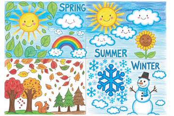 Adorable Cartoon Illustrations of the Four Seasons Spring, Summer, Autumn, and Winter