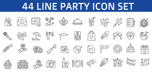 Party icon set  line style. Celebration icons for web and mobile app. party, icon, line, vector, event, birthday, happy, set, outline, cake, music, holiday, Champaign, food, gift . Vector 