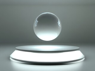 Levitating Orb: A minimalist composition showcases a clear, spherical orb seemingly suspended in mid-air above a circular platform, illuminated by a soft, ambient light.